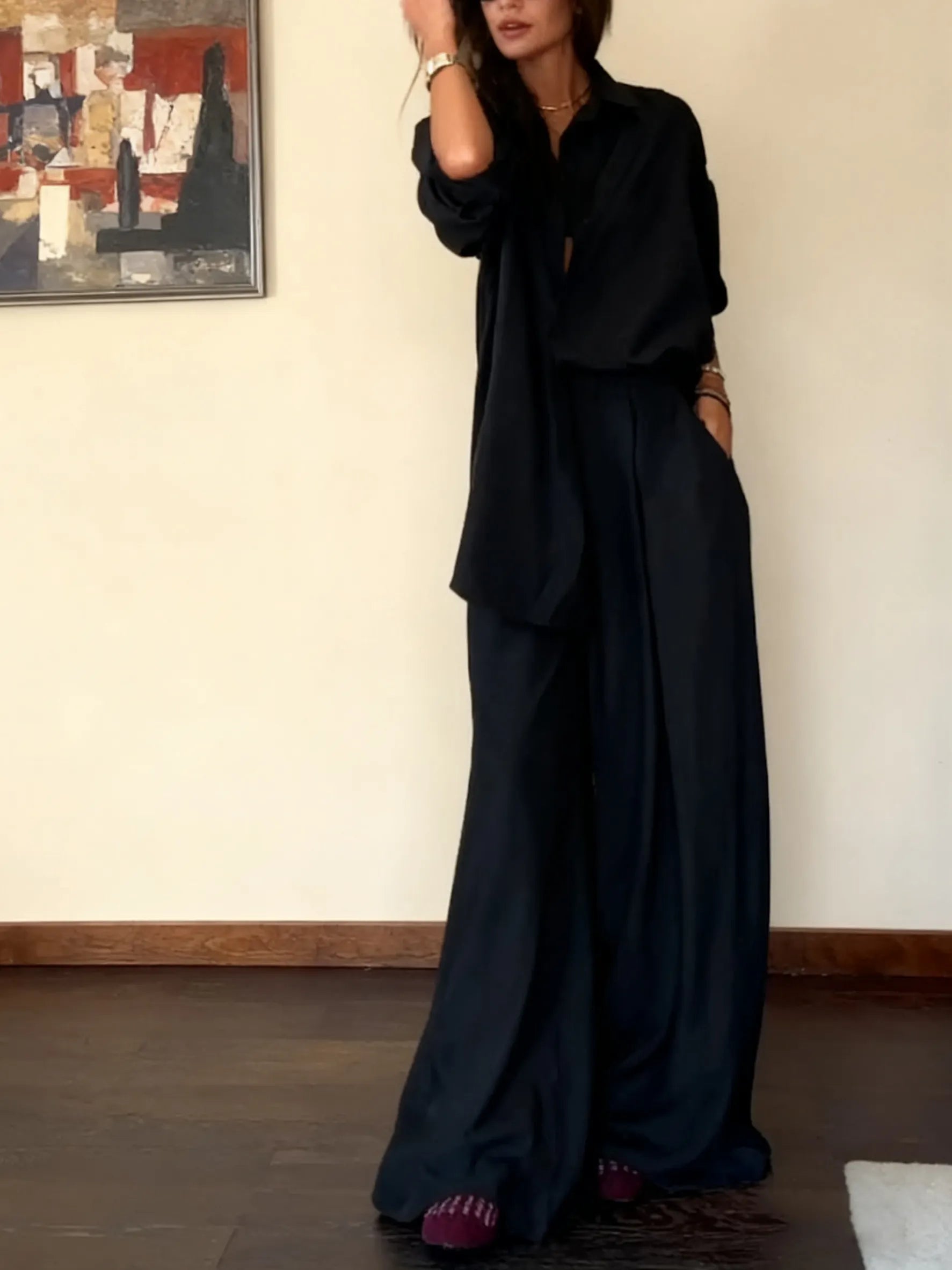 Fashion Solid Color Comfortable Shirt & Pants Two-piece Set