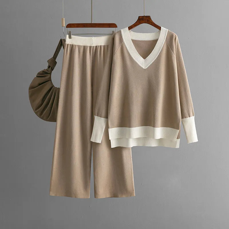 Casual V-Neck Contrast Top & Wide-Leg Pants Two-Piece Set