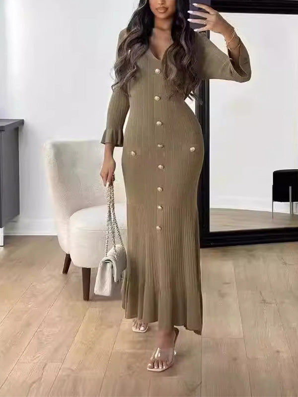 Fashion Solid Color Slim-Fit Long Sleeve Dress