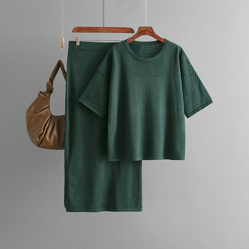Casual Hollow Top & Skirt Solid Color Two-Piece Set