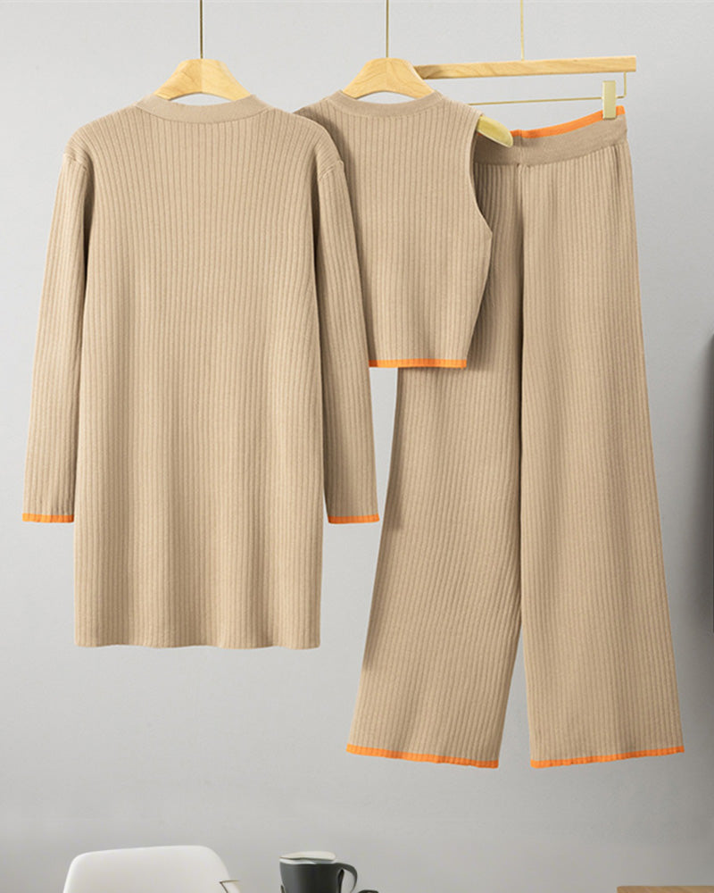 Knitted Long Cardigan Vest Trousers Three-piece Set