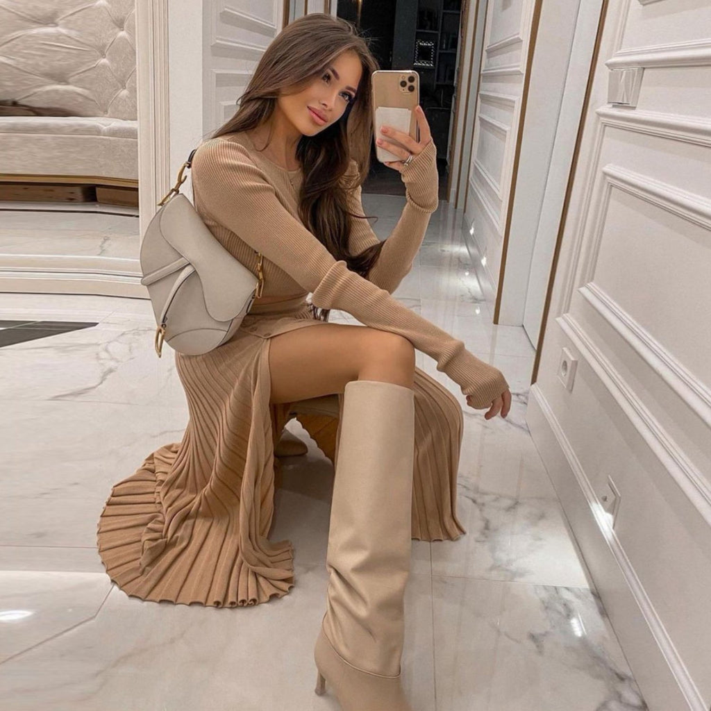 Casual Slim-Fit Top White Pleated Skirt Set