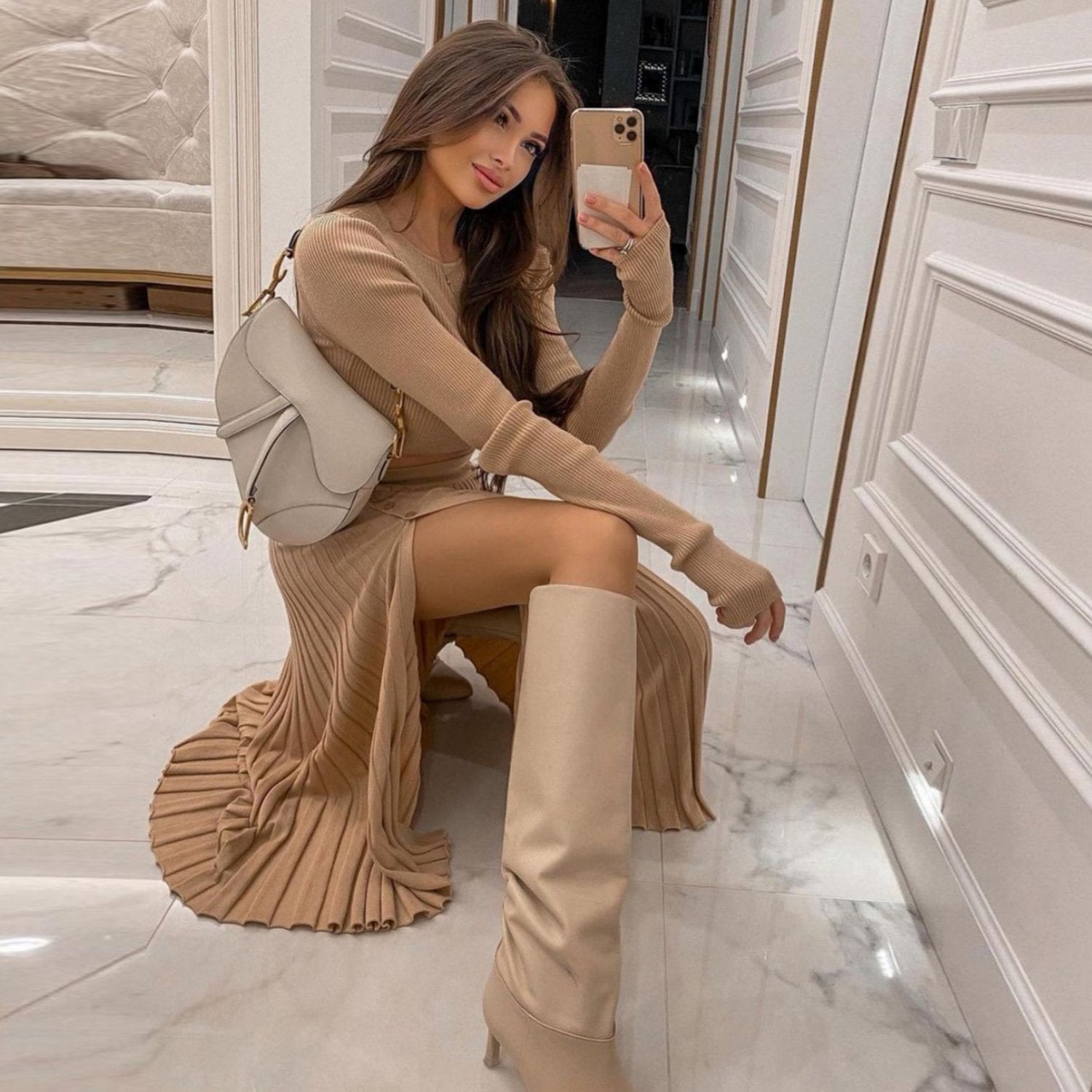 Casual Slim-Fit Top White Pleated Skirt Set