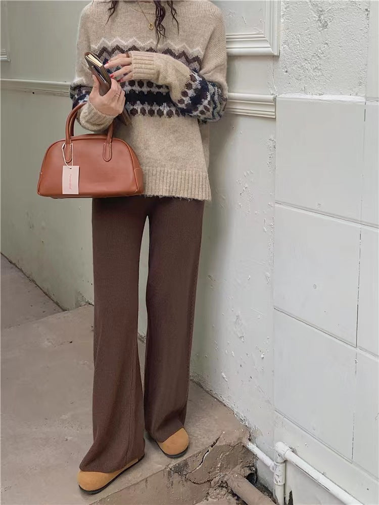 Twist Knit Wide Leg Casual Straight Trousers