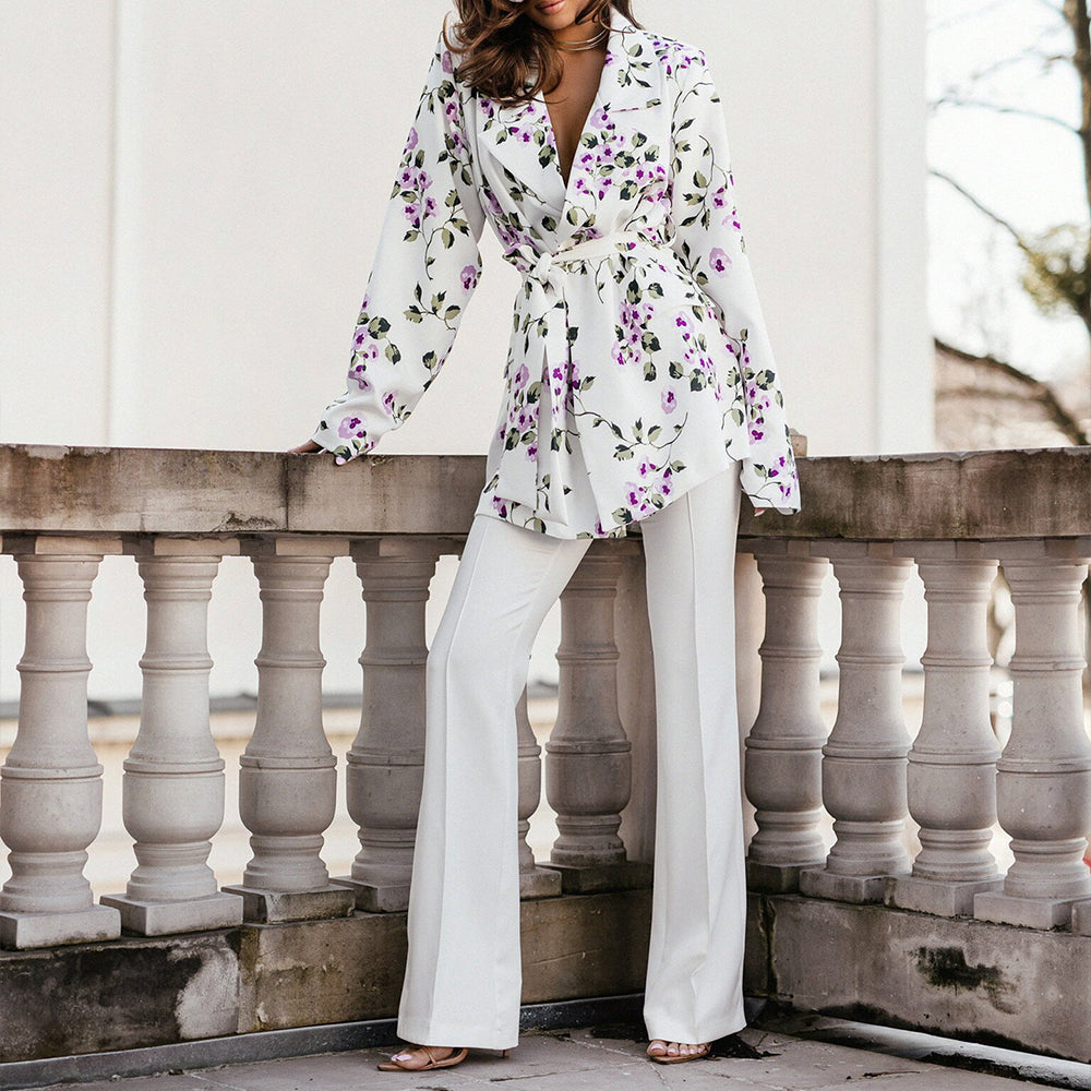 Stylish Suit V-Neck Lace-Up Printed Jacket