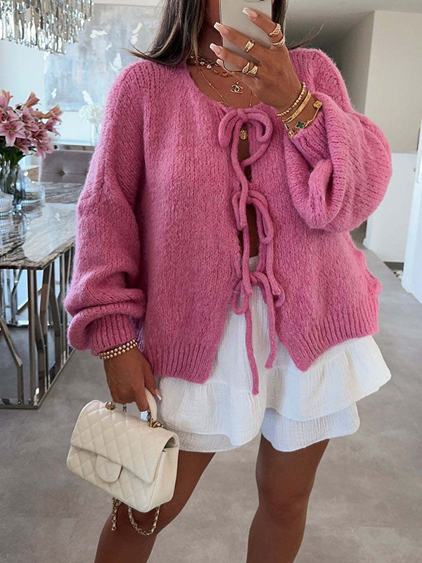 Stylish Solid Color Crew Neck Lace-up Sweater