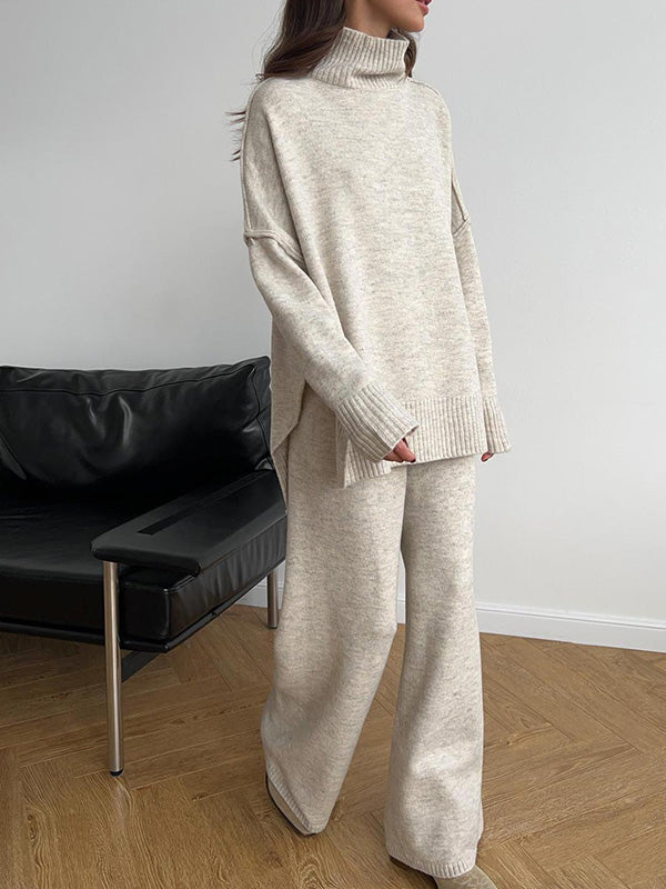 Stylish Casual Turtleneck Slit Sweater & Pants Two-Piece Set