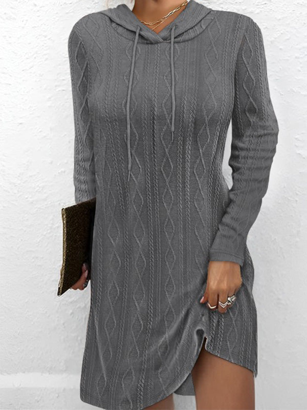Solid Color Long-Sleeved Hooded Jumper Knit Dress