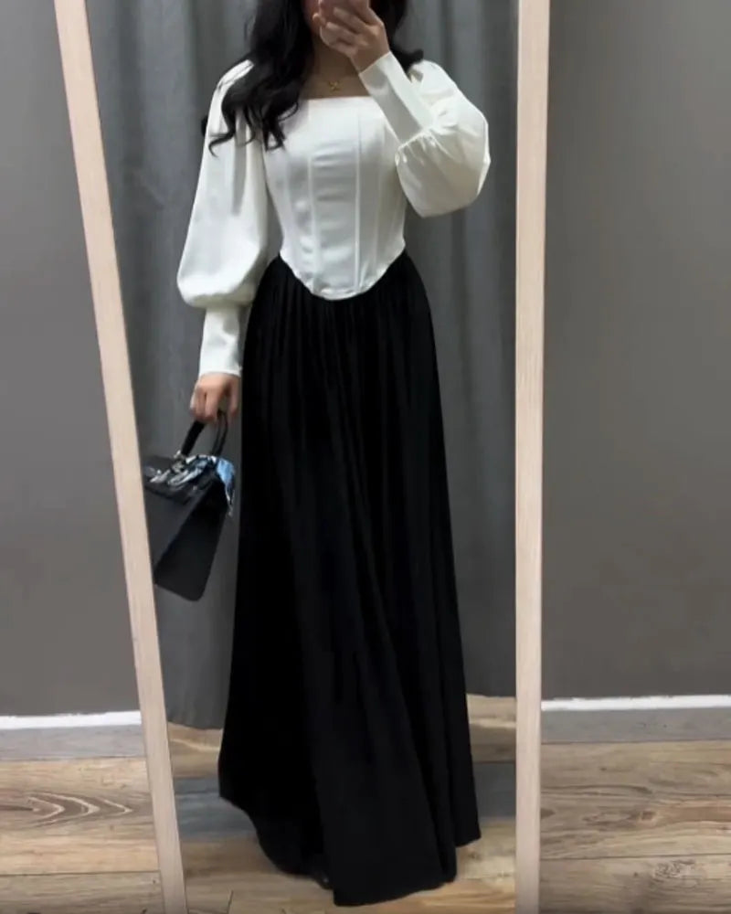 Fashion Lapel Long Sleeve Top & Overskirt Two-Piece Set