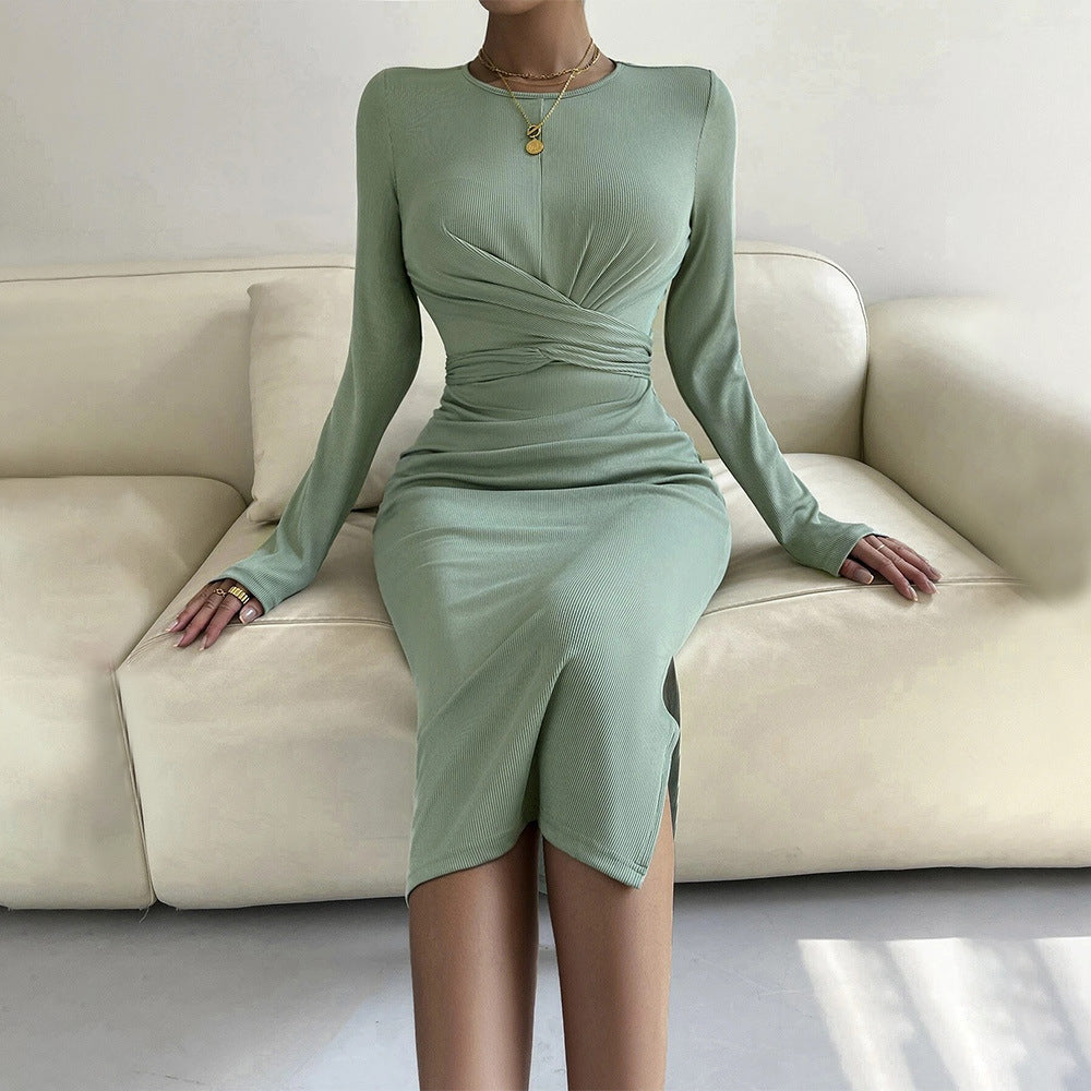 Round neck slim hip dress