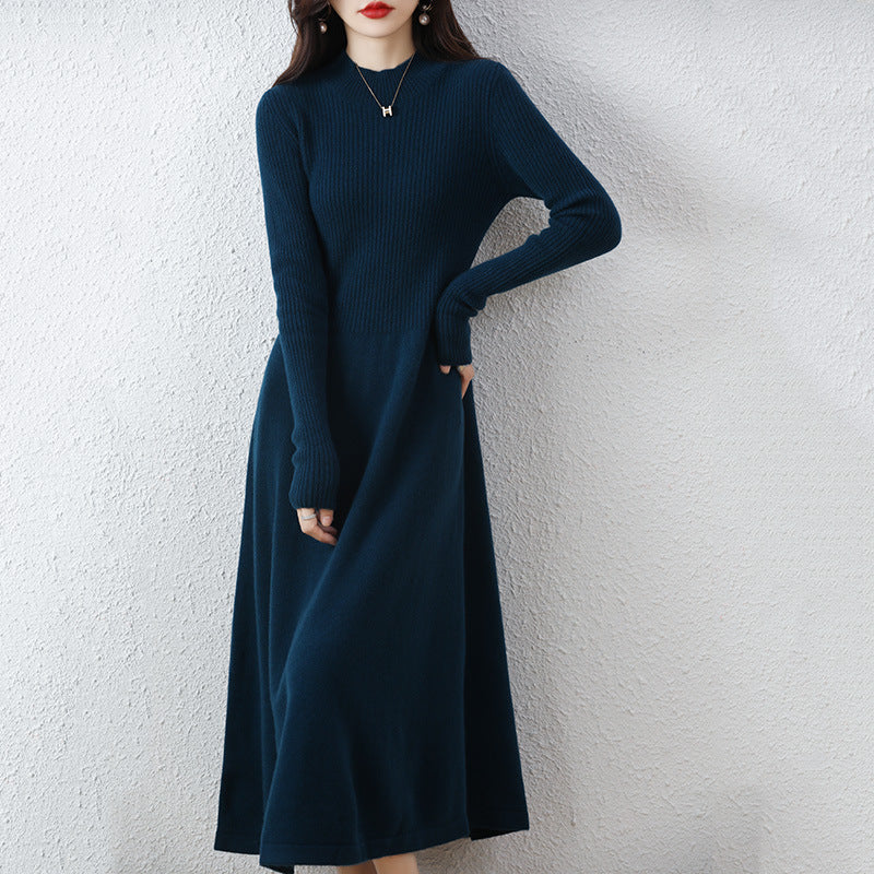 Elegant rib-knit midi turtleneck smart-knit dress