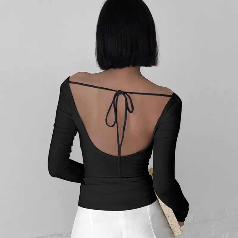 Sexy Backless Lace-up Long-sleeves T-shirt