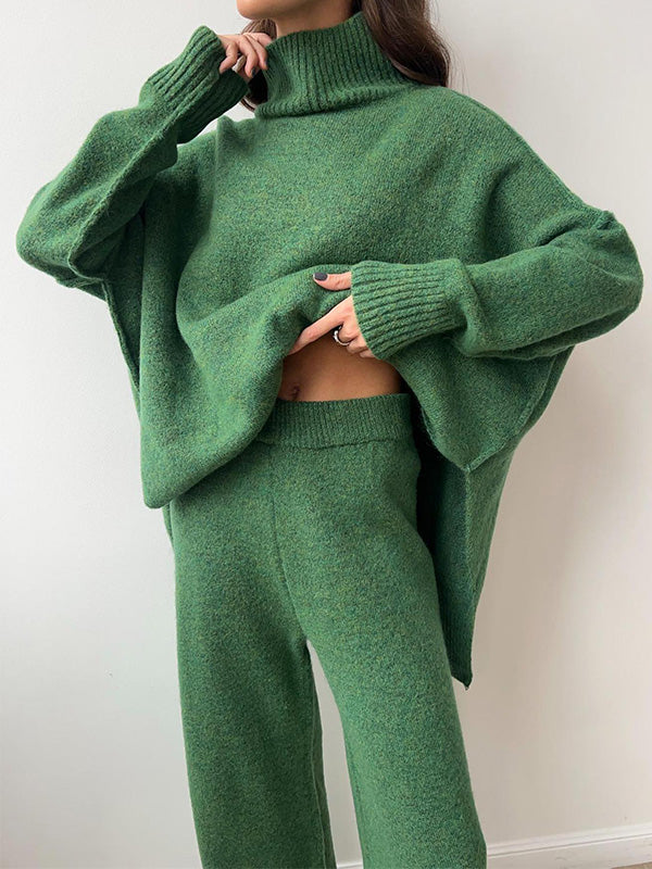 Stylish Casual Turtleneck Slit Sweater & Pants Two-Piece Set