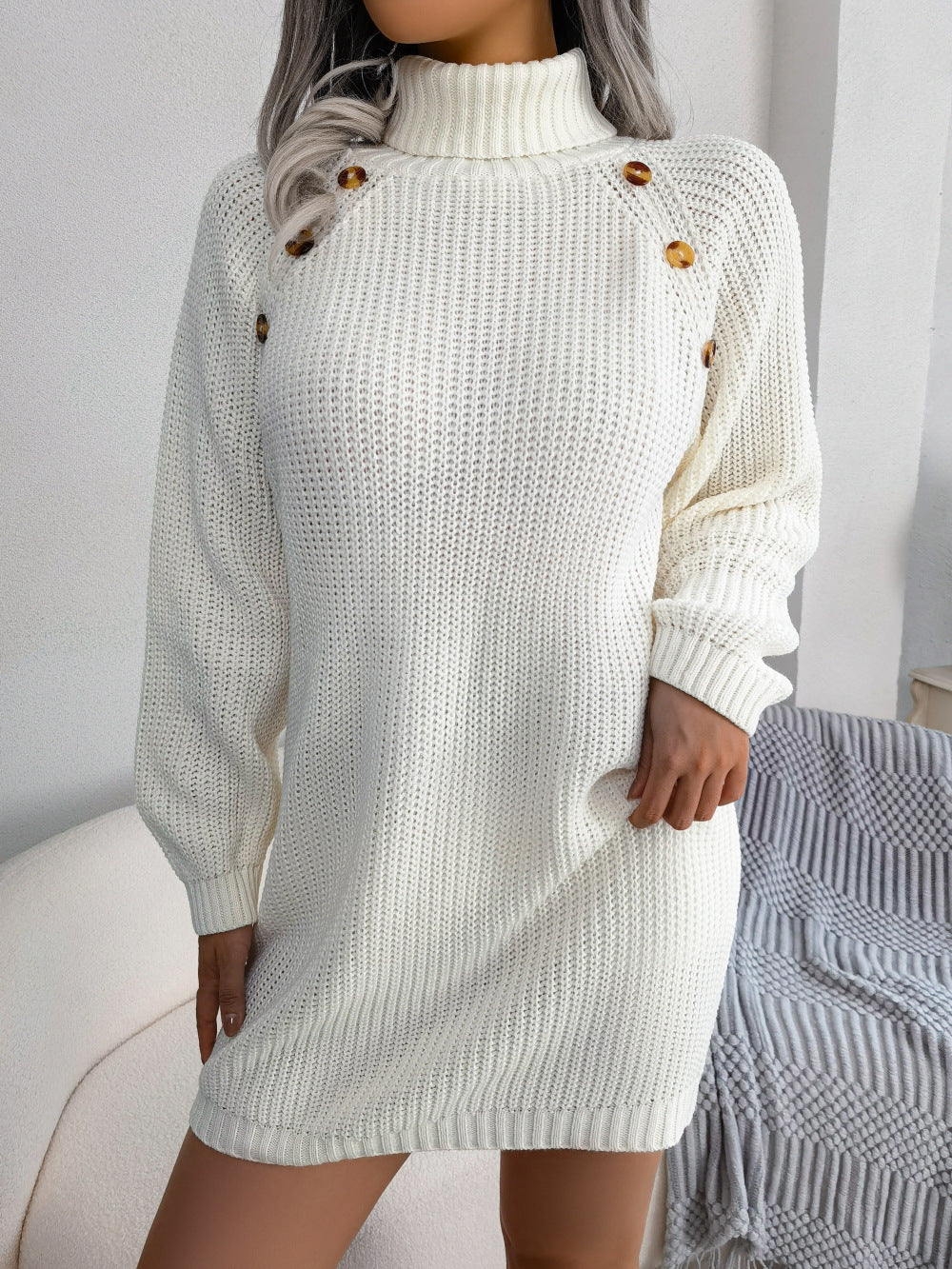 Casual Button Turtleneck Long Sleeve Bottom Sweater Dress