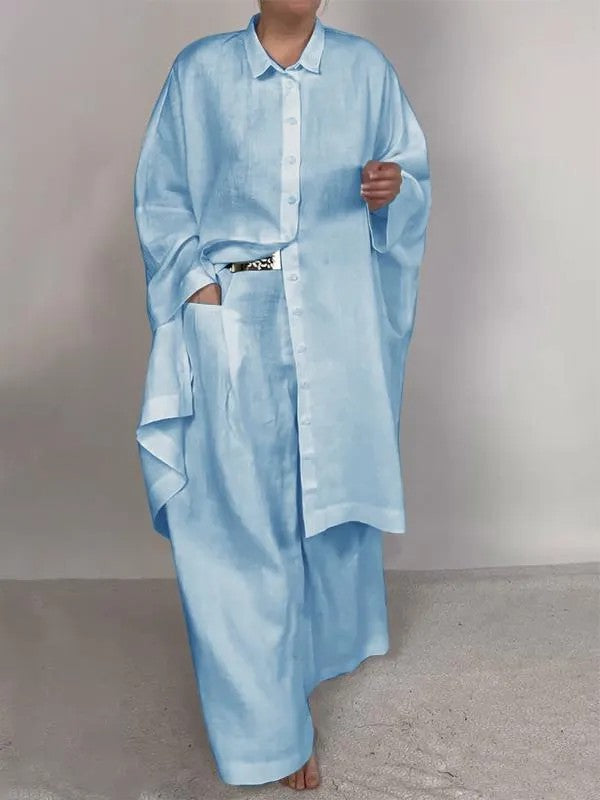 Fashion long shirt & wide-leg pants two-piece set