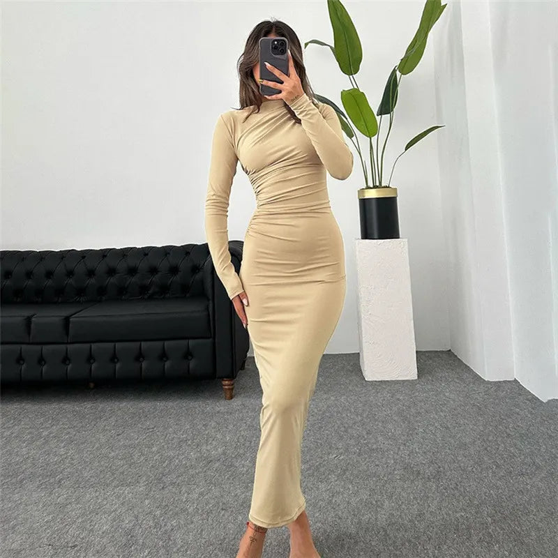 Sexy Pleated Long -sleeved Dress