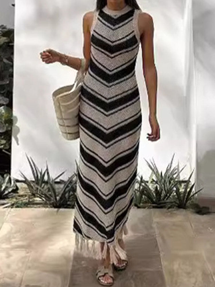 Chic Striped Fringe Knitted Dress