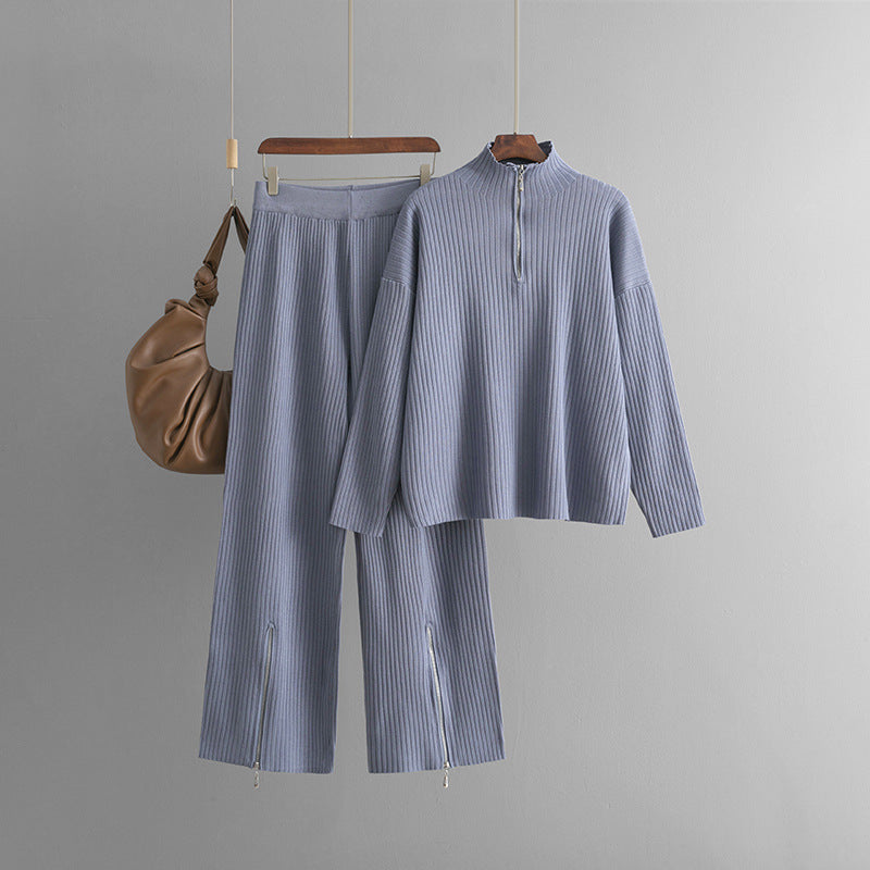 Casual Turtleneck Zipper Sweater Two-Piece Set