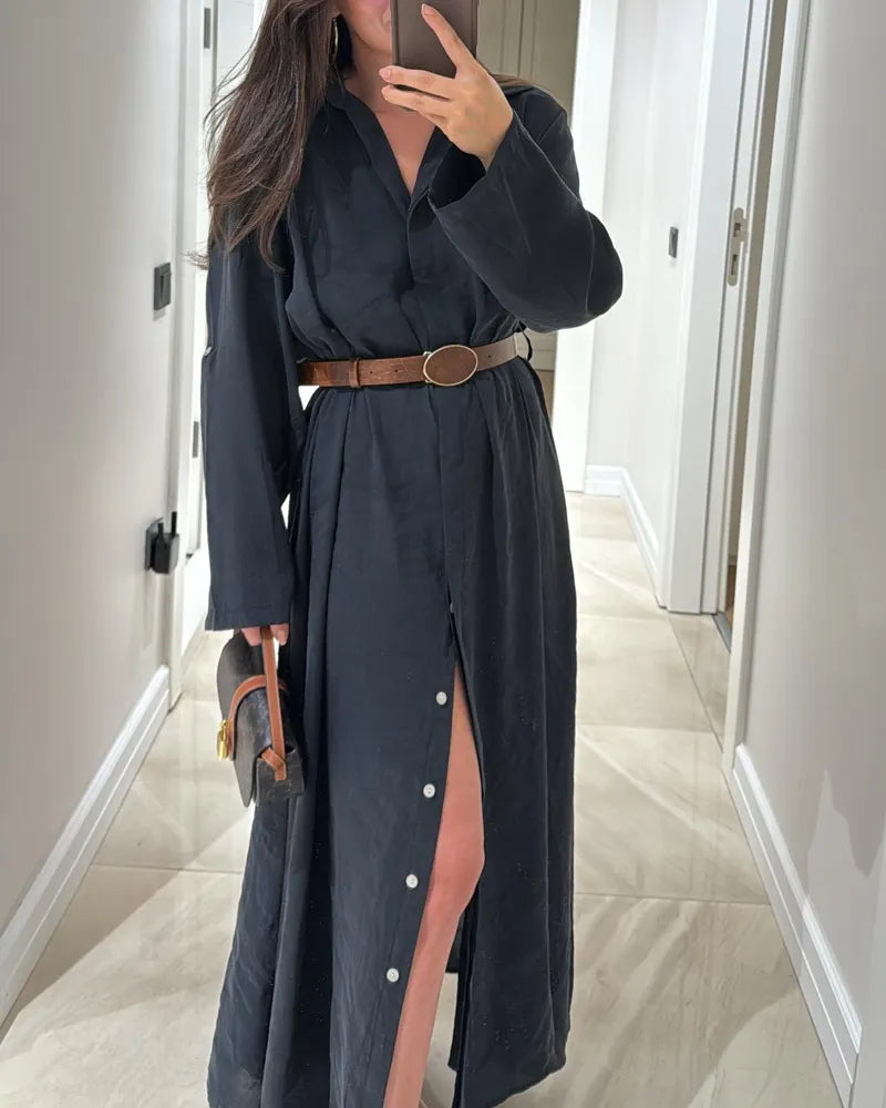 Casual Solid Color Shirt Dress (Without Belt)