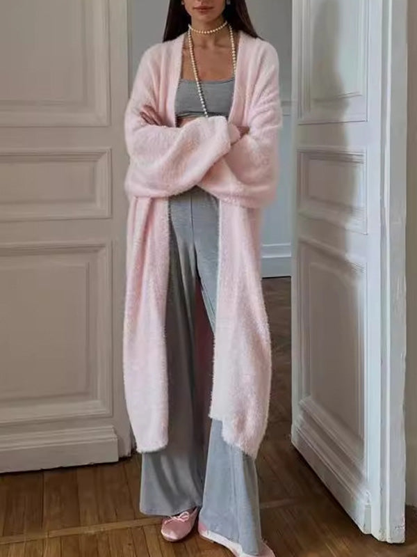 Stylish Solid Color Waistband Loose Long Sweater