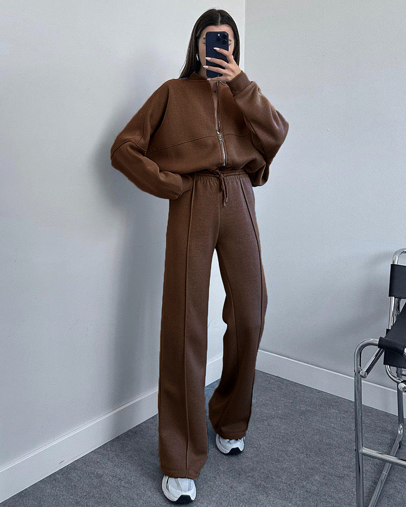 Fashionable Sweatshirt Jacket & Straight Pants Two-piece Set
