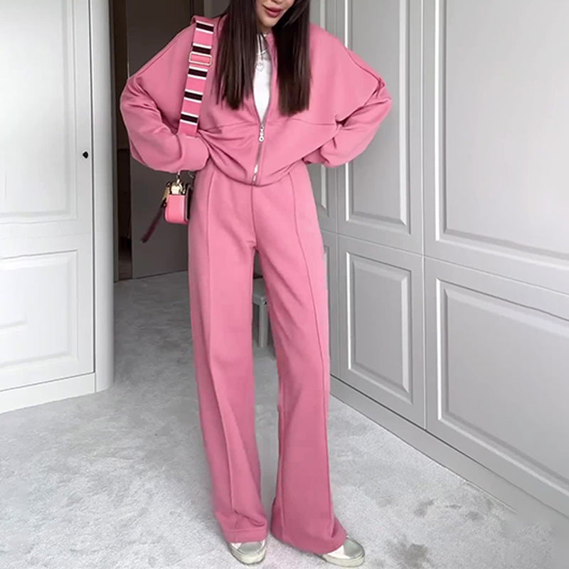 Fashionable Sweatshirt Jacket & Straight Pants Two-piece Set