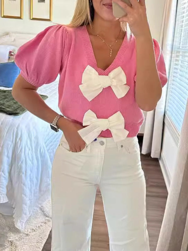 V-Neck Short-Sleeved Double Bow Solid Color Sweater