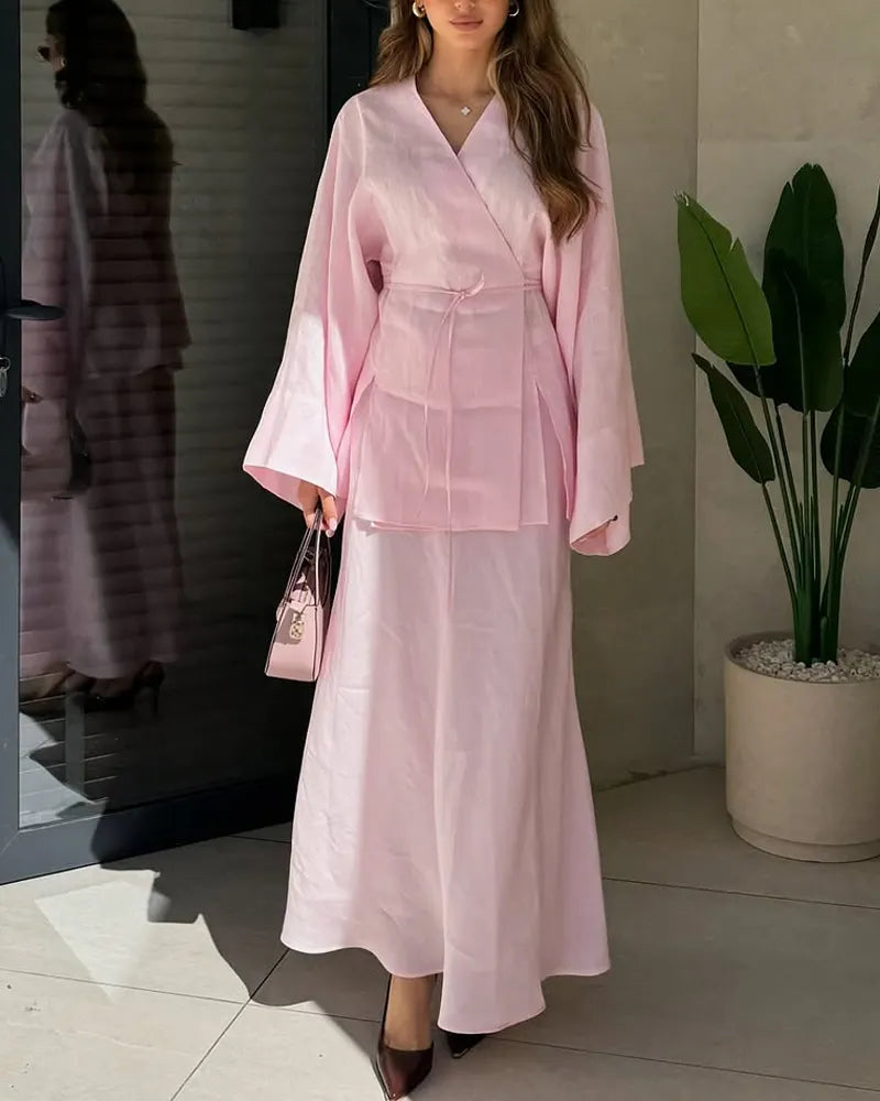 Casual V-Neck Split Shirt & Skirt Two-Piece Set