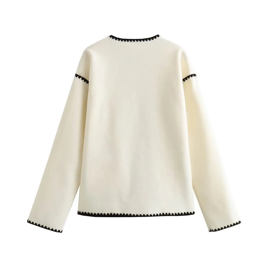Elegant Crew-neck Edge Color Contrast Coat