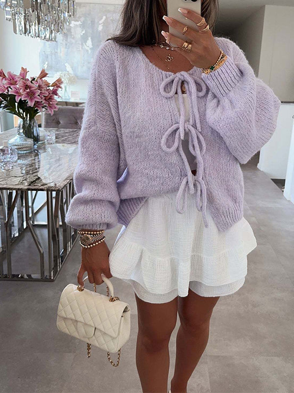 Stylish Solid Color Crew Neck Lace-up Sweater
