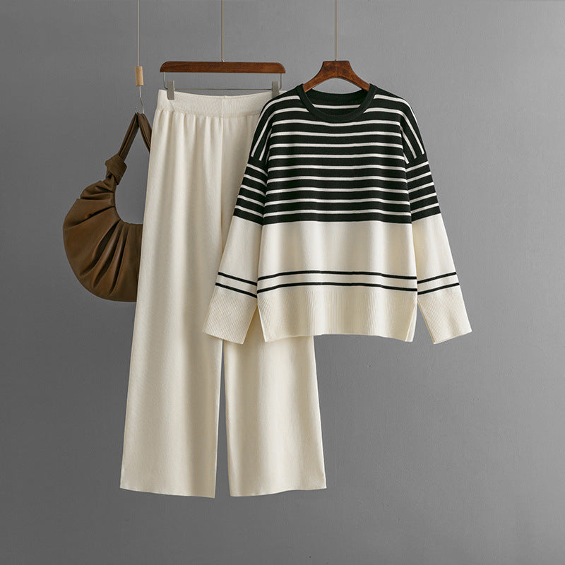 Casual Striped Crewneck Sweater Stylish Two-piece Set