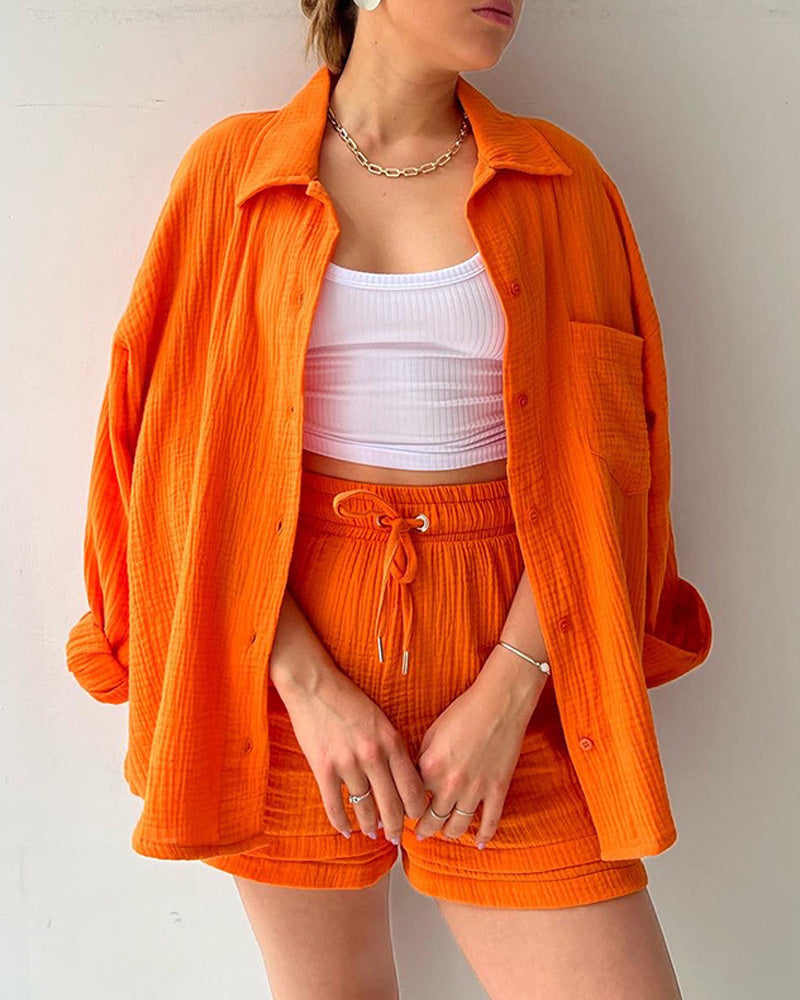 Fashion Shirt High Waist Drawstring Shorts Set