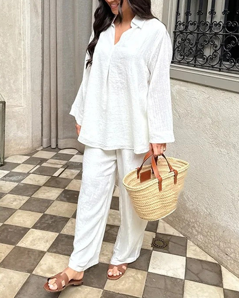 Casual V-Neck Shirt Pants Set