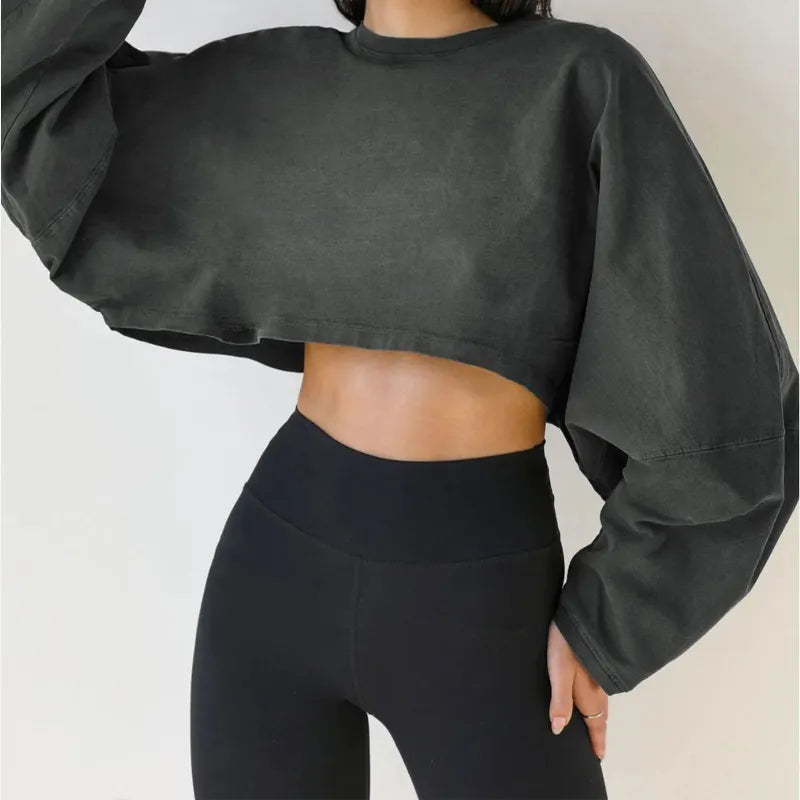 Short Round Neck Long Sleeves Sweatshirt
