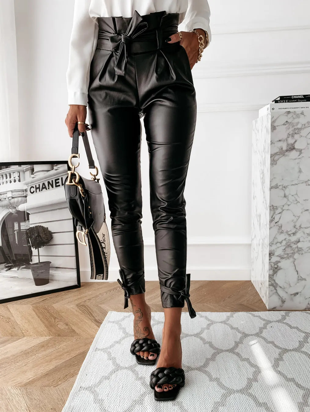 Fashion Casual PU Pants Pleated Tie Slim Pants