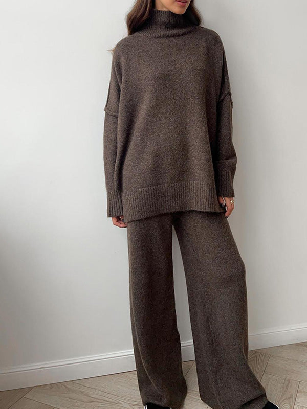 Stylish Casual Turtleneck Slit Sweater & Pants Two-Piece Set