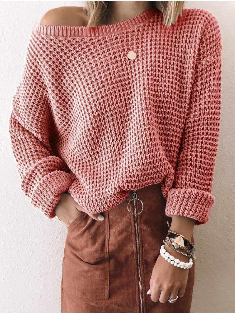 Fashion Solid Color Diagonal Collar Short Long Sleeve Knitted Sweater