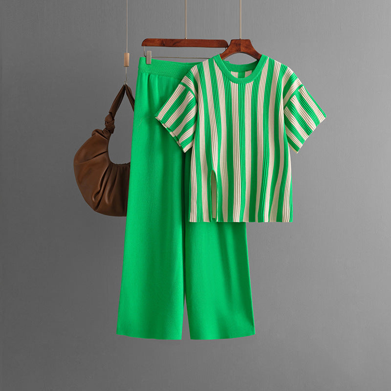 Casual Vertical Stripe Slit Top & High Waist Solid Color Pants Two-Piece Set