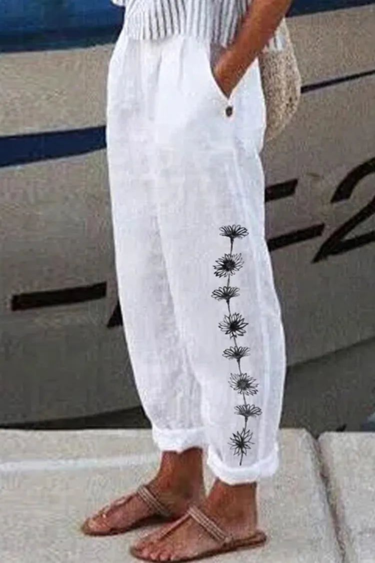 Cotton Linen Pocket Loose Printed Casual Pants