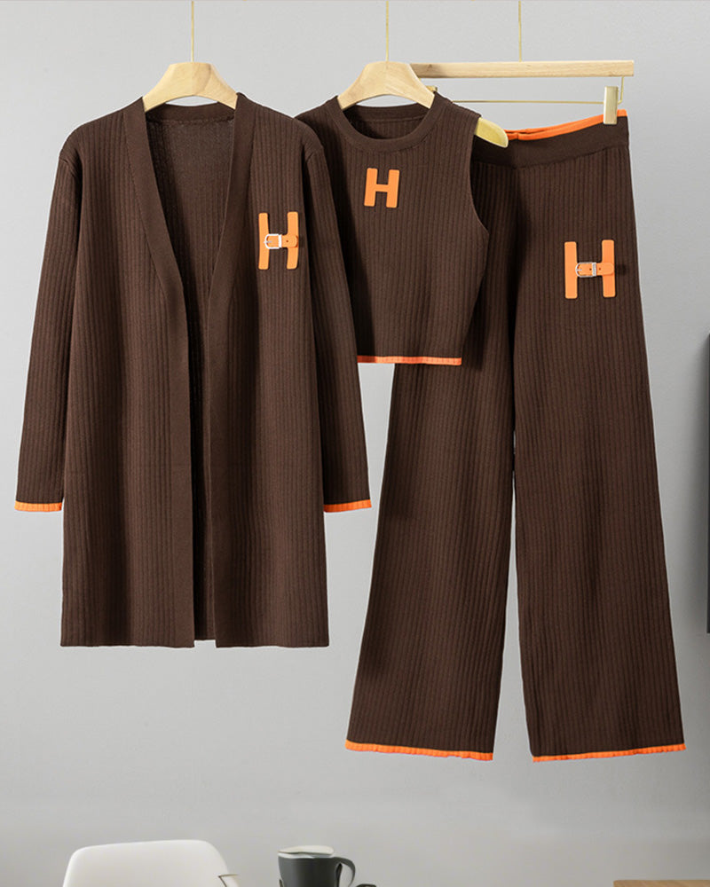 Knitted Long Cardigan Vest Trousers Three-piece Set