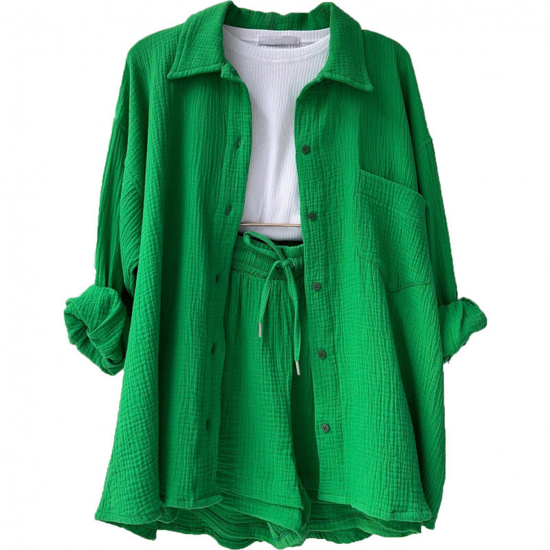 Fashion Shirt High Waist Drawstring Shorts Set