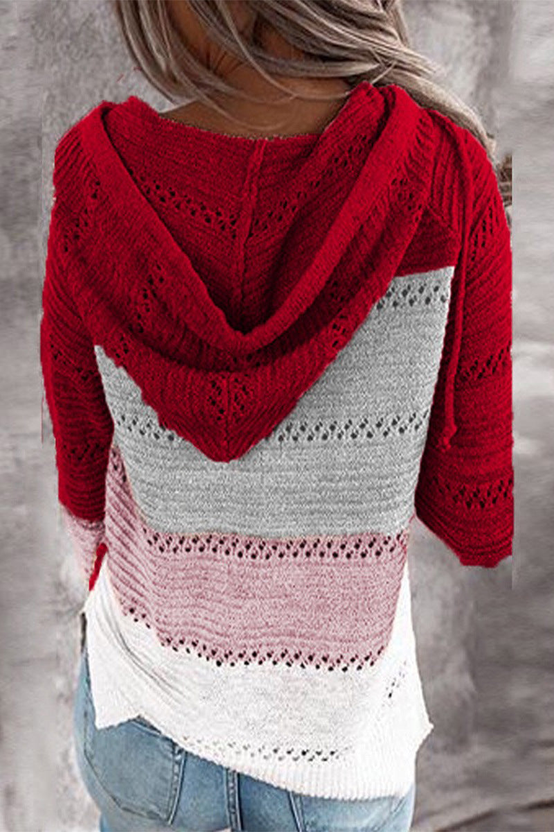 Striped & Leopard Patchwork V-Neck Hooded Sweater