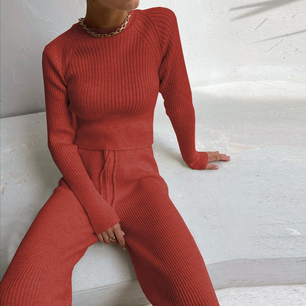 Retro Jacquard Sweater Top Casual Solid Color Slim-Fit Sweater Set