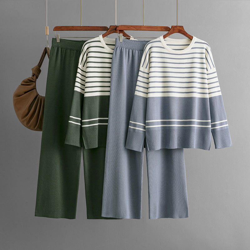 Casual Striped Crewneck Sweater Stylish Two-piece Set