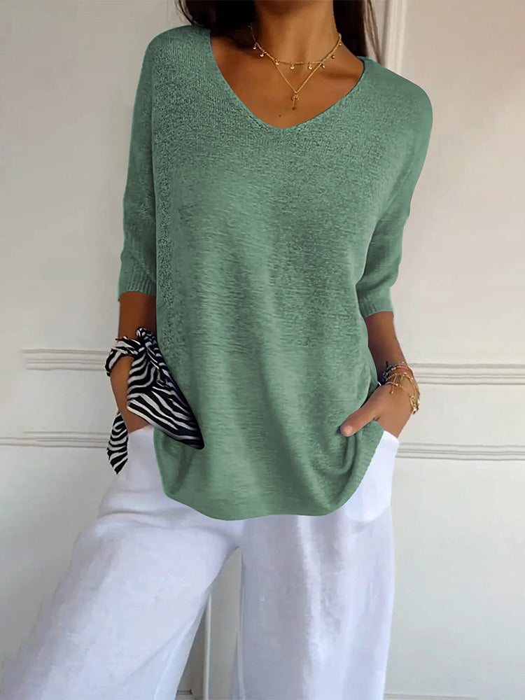 Casual V-neck Solid Color Slimming Top