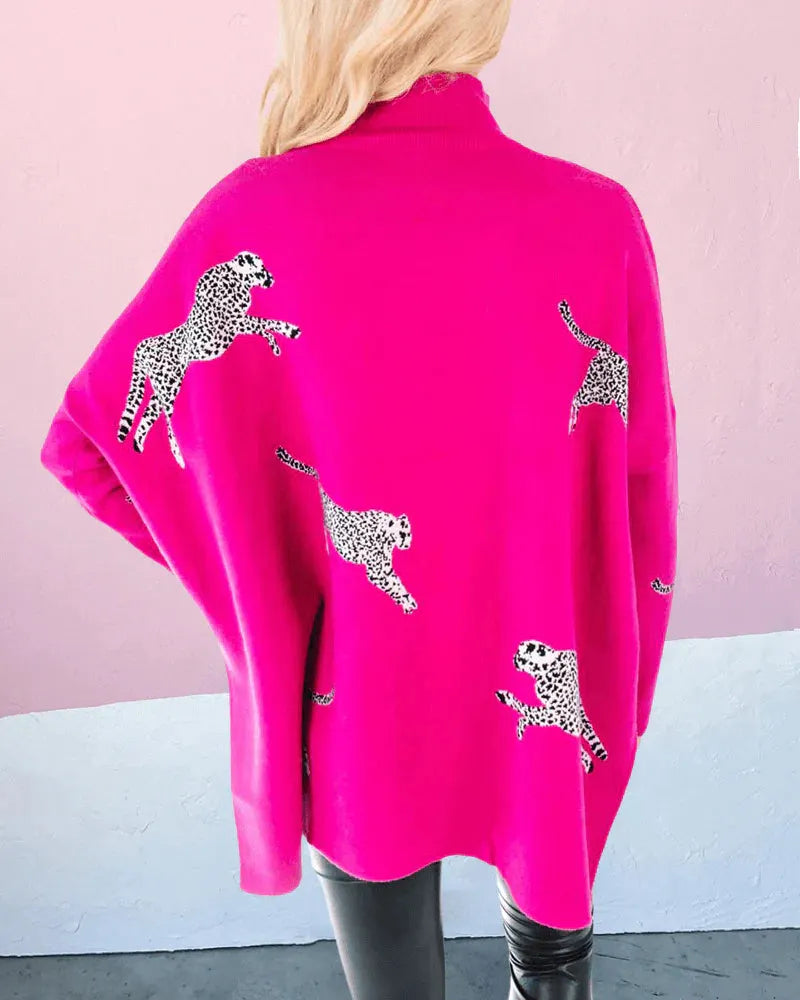 Casual Turtleneck Cheetah Print Sweater