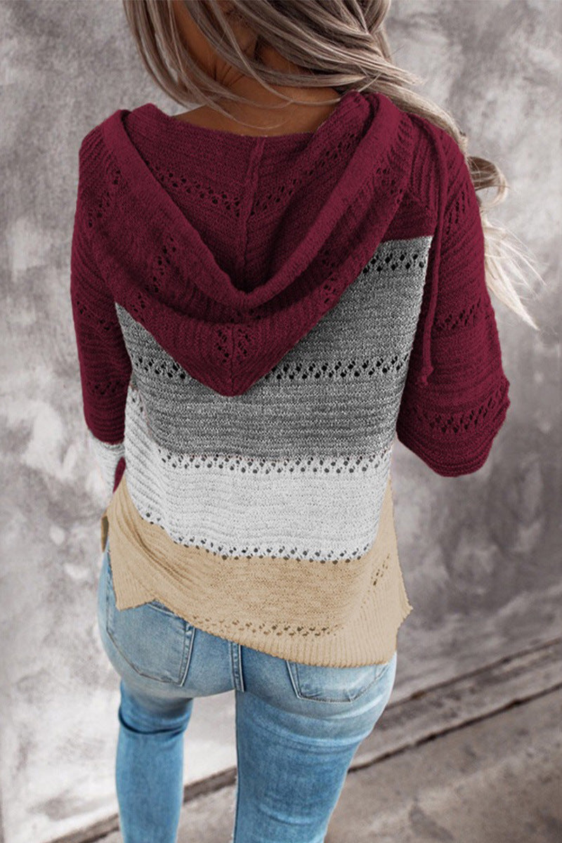 Striped & Leopard Patchwork V-Neck Hooded Sweater