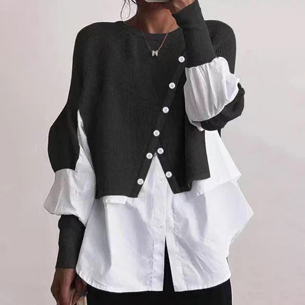 Stylish Crew Neck Long Sleeve Fake Two Pieces Top
