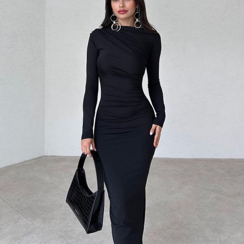 Sexy Pleated Long -sleeved Dress