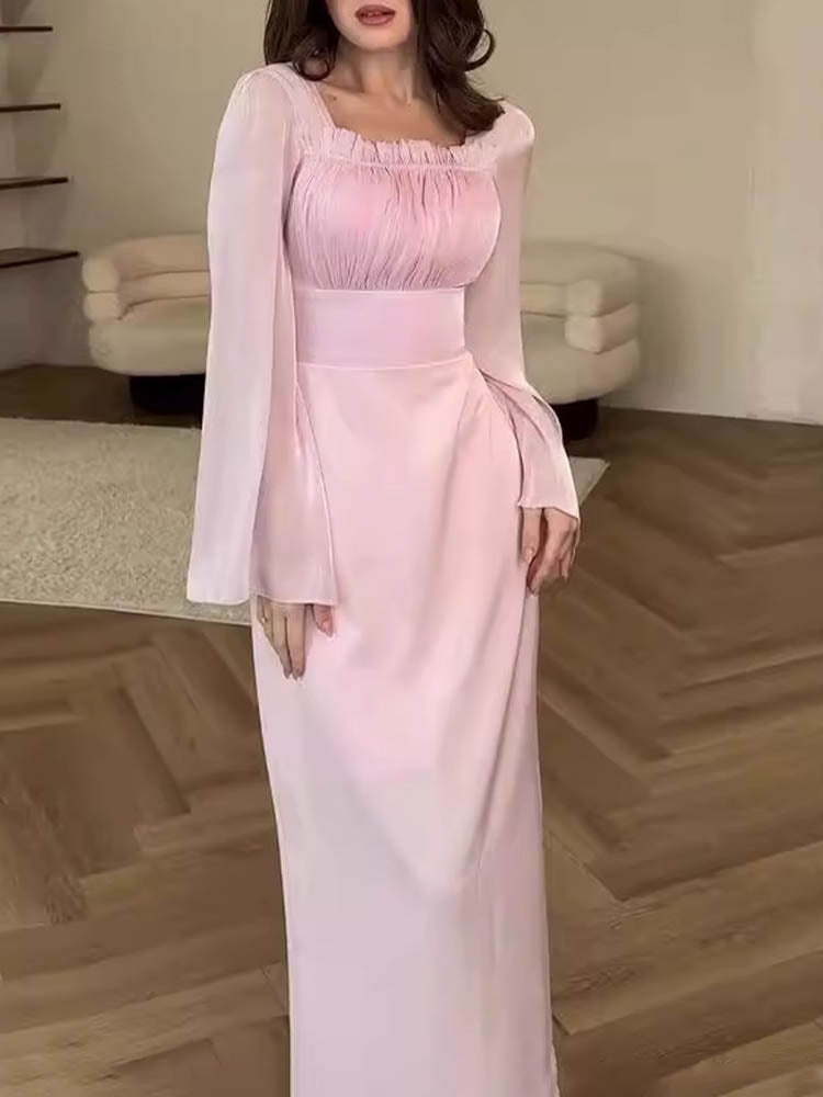Elegent Square Neck Long Sleeve Dress